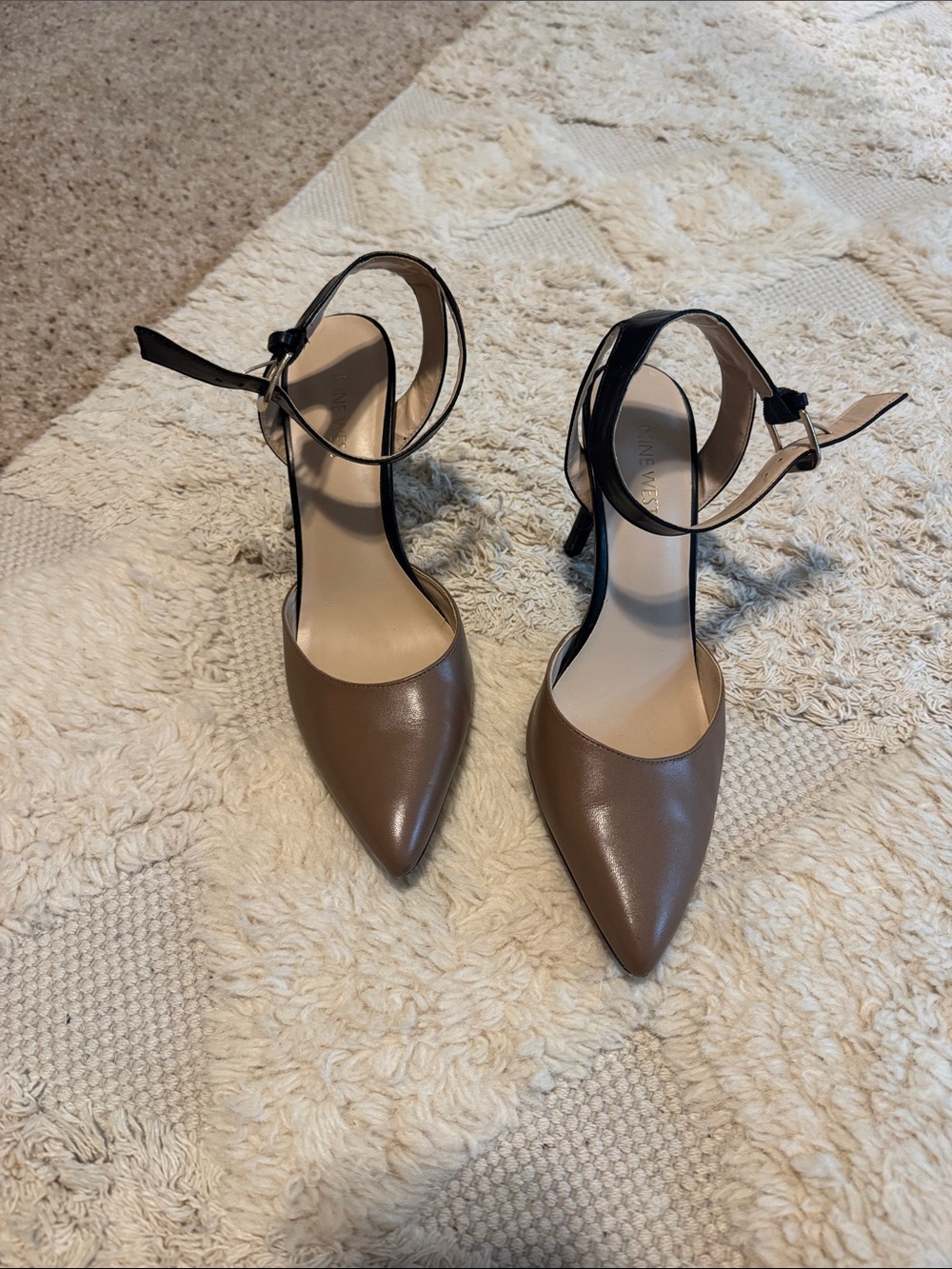 Nine West Pointed Toe Ankle-Strap Pumps in Taupe and Black - Women